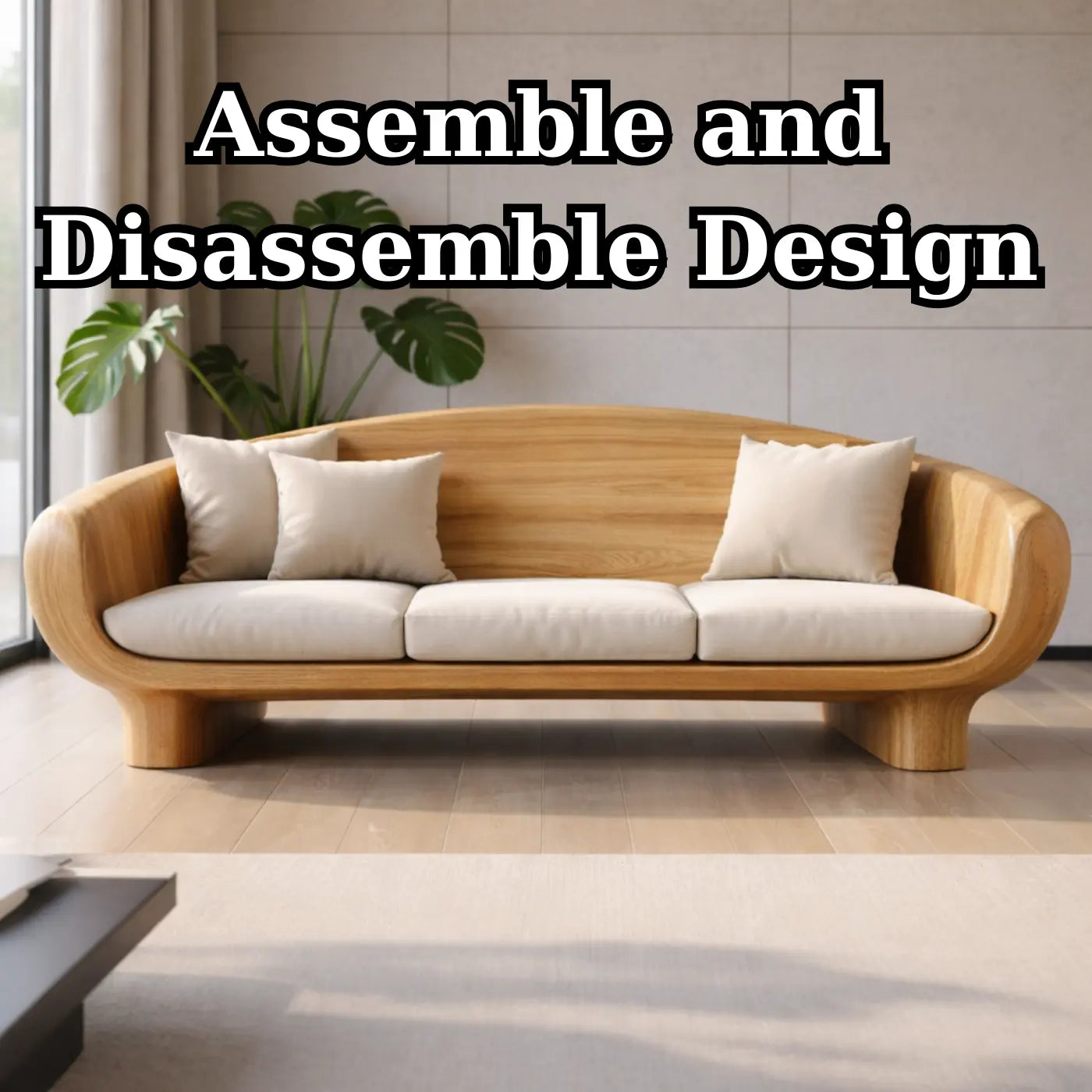 Modern Solid Oak Sofa with Curved Wooden Frame Minimalist Scandinavian Living Room Couch Kitchnce
