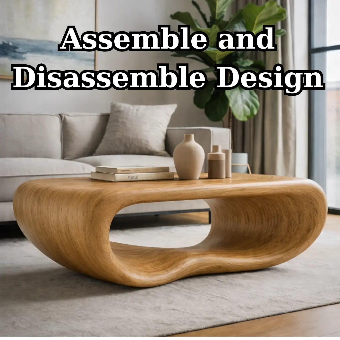Modern Solid Wood Coffee Table with Sculptural Curved Design Minimalist Living Room Table Kitchnce