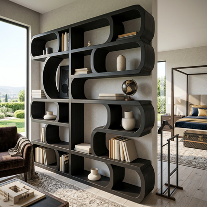 Modern Sculptural Bookshelf With Symmetrical Curves For Living Room Or Office Kitchnce