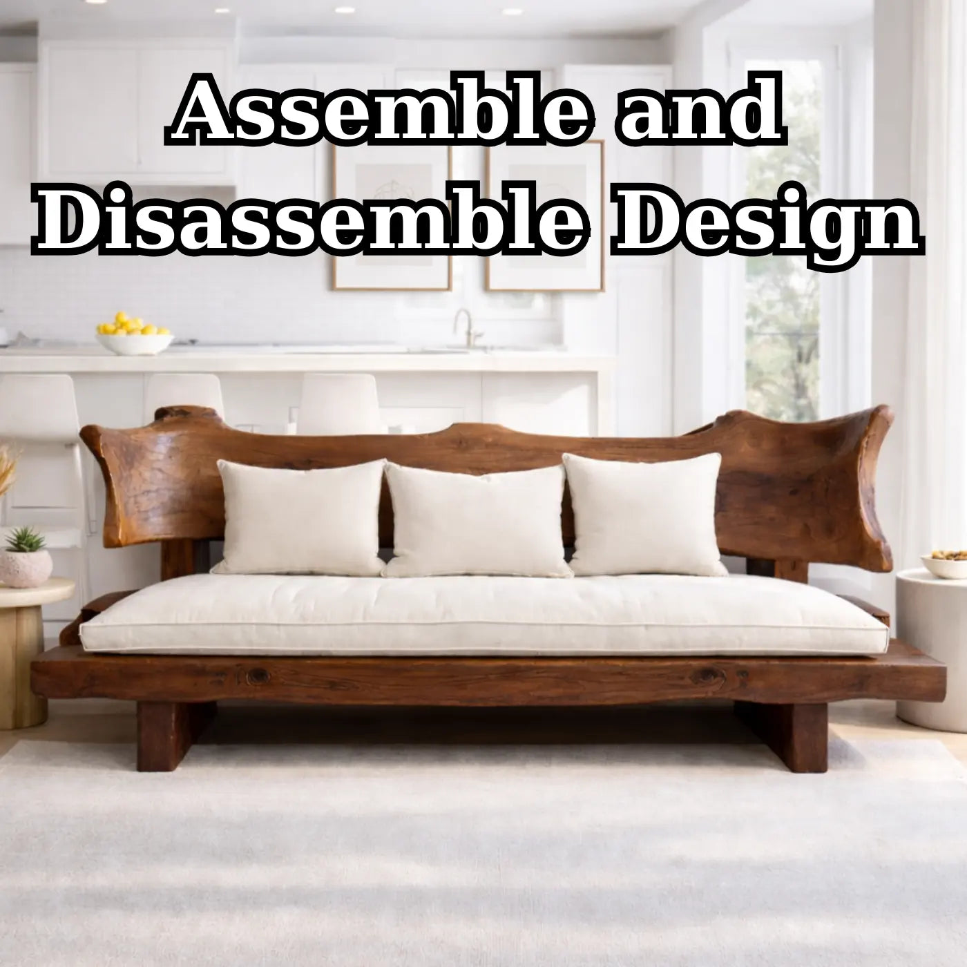 Live Edge Solid Wood Sofa Rustic Natural Wood Couch Handmade Organic Living Room Sofa Kitchnce