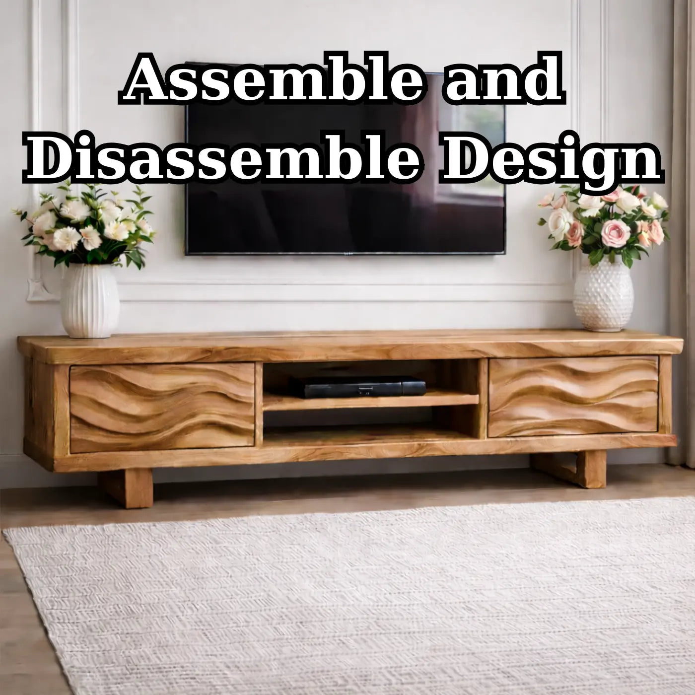 Solid Wood TV Stand with Wave Pattern Doors Modern Wooden Media Console for Living Room Kitchnce