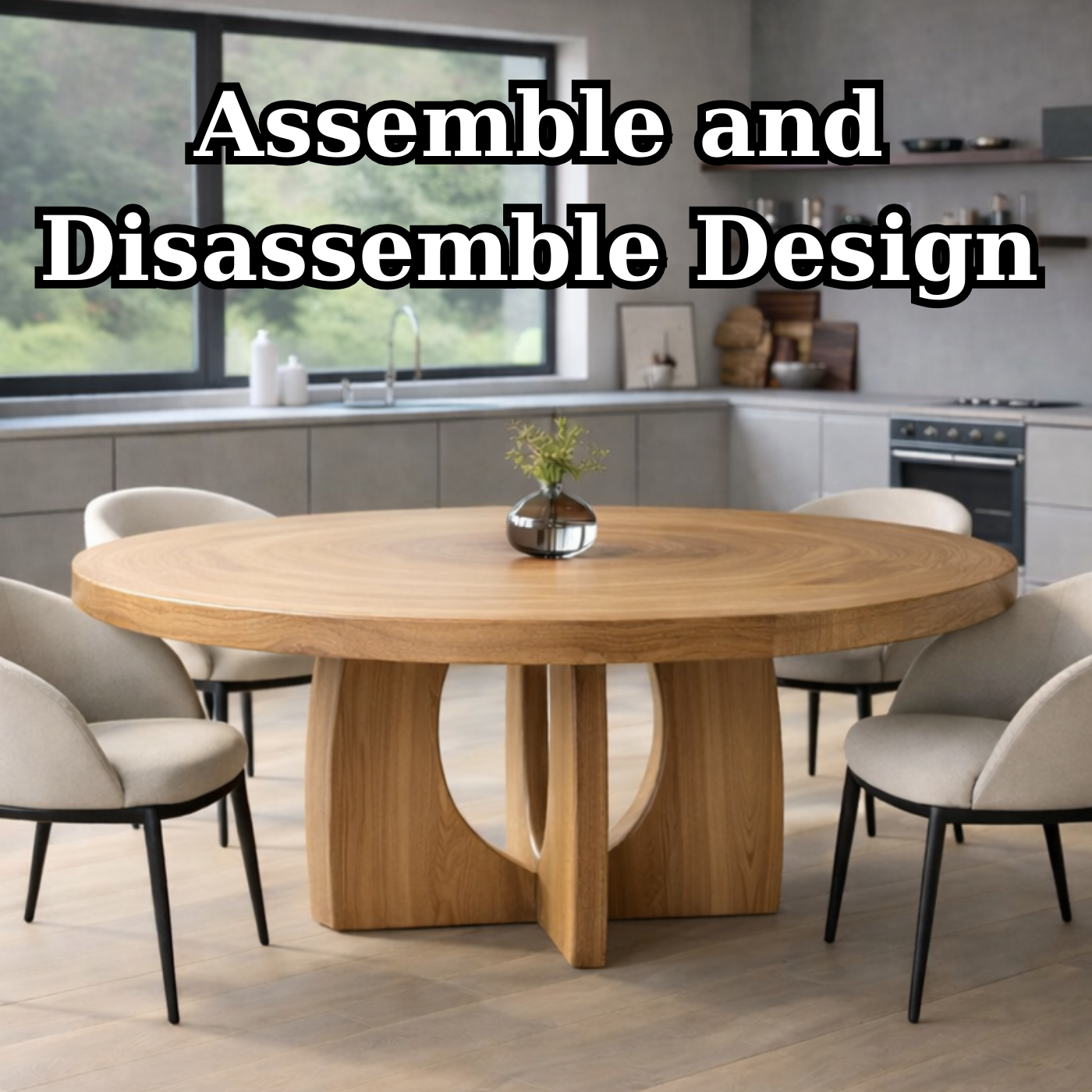 Round Solid Wood Dining Table with Sculptural Pedestal Base Modern Kitchen Table