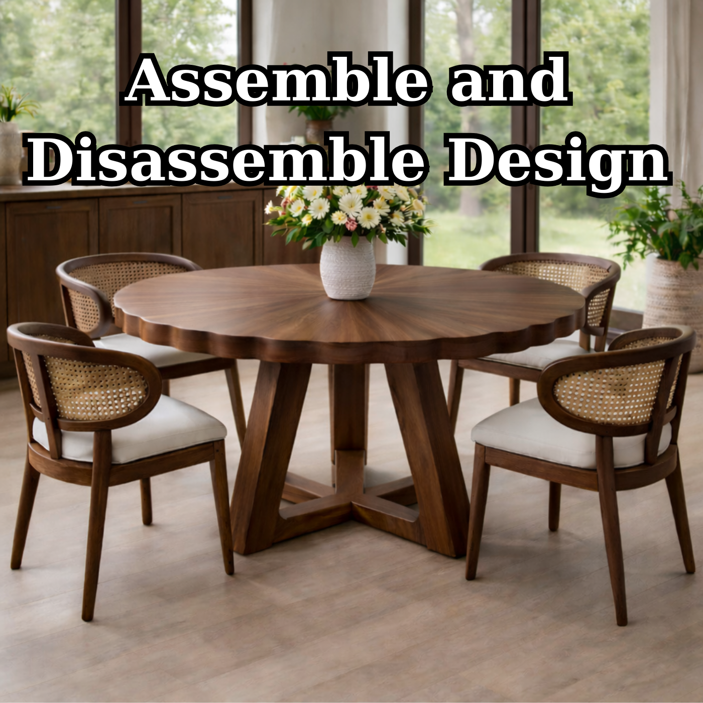 Round Solid Wood Dining Table with Scalloped Edge and Sculptural Base