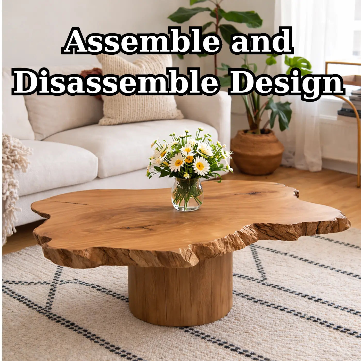 Live Edge Solid Wood Coffee Table for Living Room with Pedestal Base Kitchnce