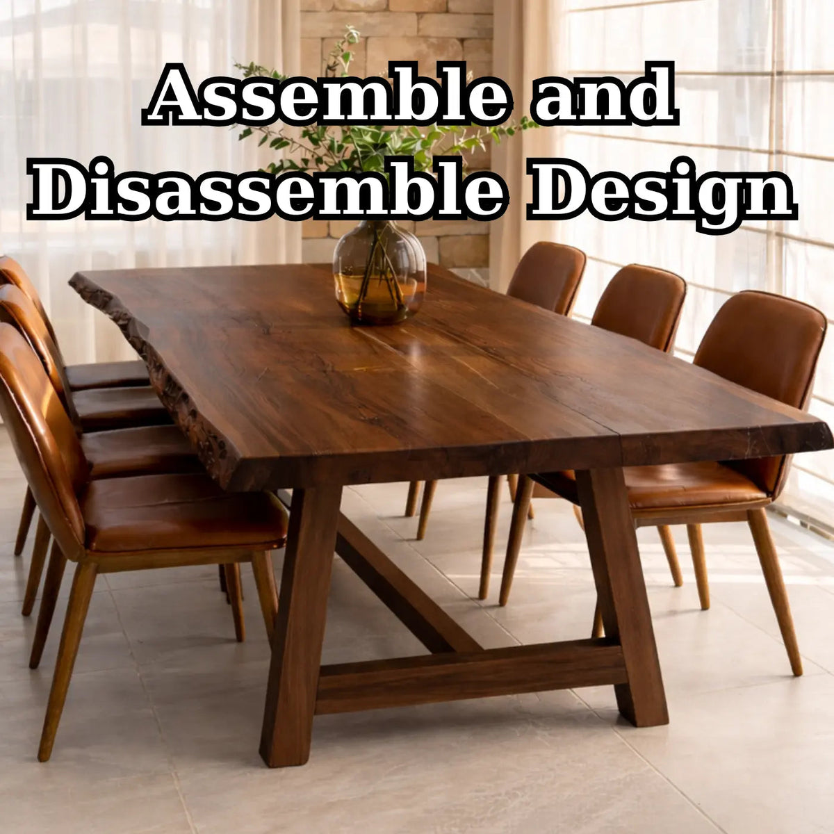 Live Edge Solid Wood Dining Table for Dining Room with Wooden Base Kitchnce
