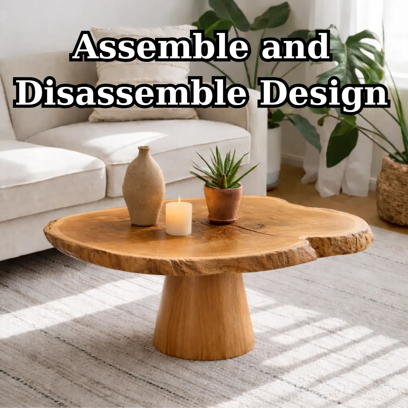 Live Edge Solid Wood Coffee Table for Living Room with Pedestal Base Kitchnce