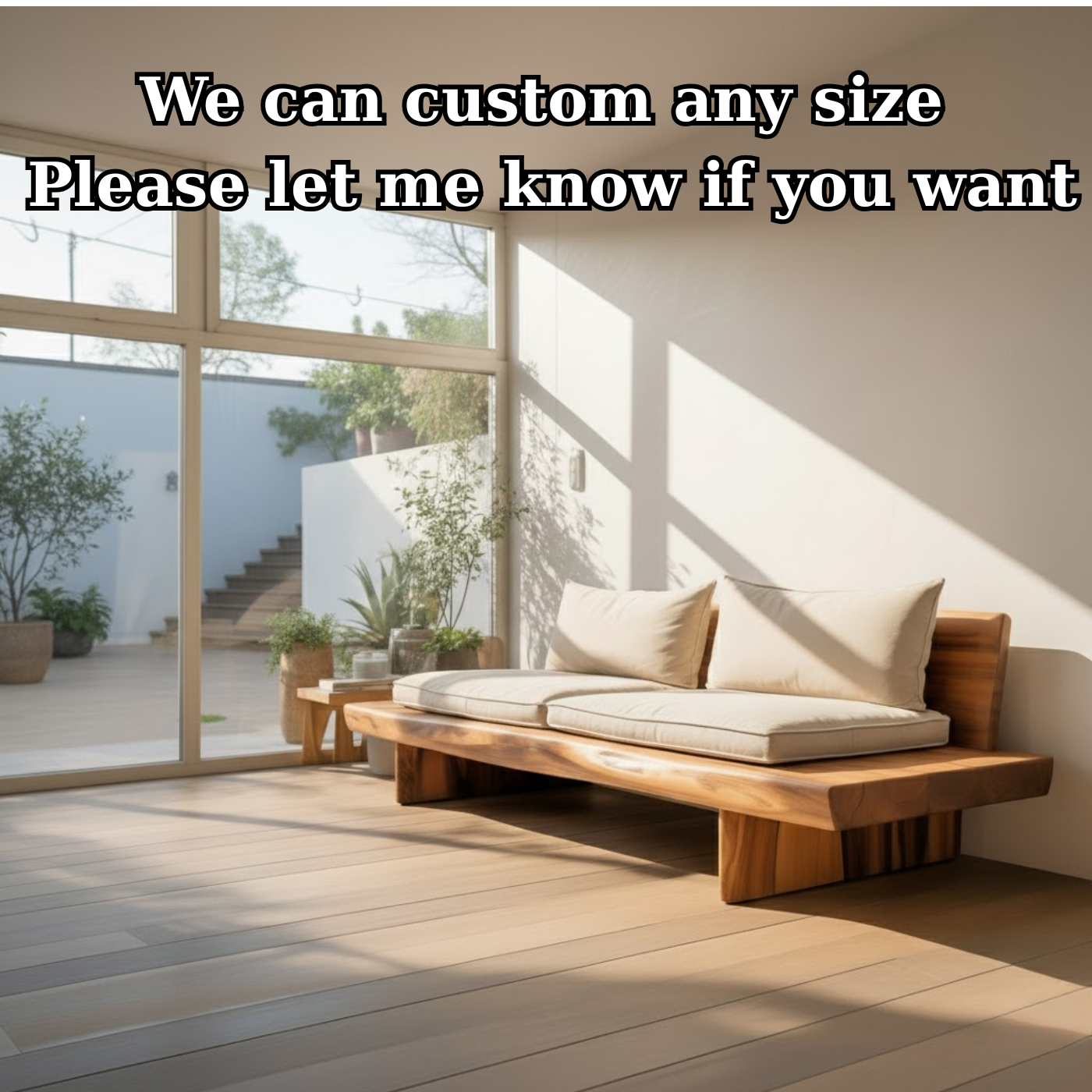 Handcrafted Solid Wood Sofa – Low Minimalist Design with Natural Live Edge and Linen Cushions Kitchnce