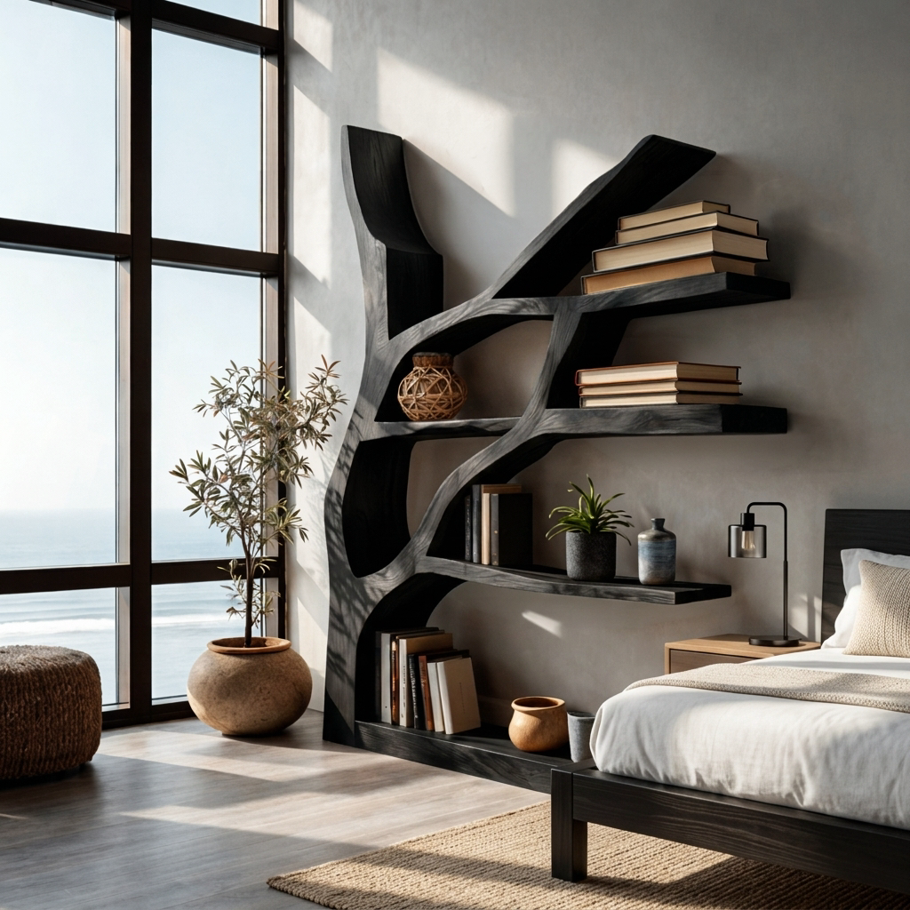 Contemporary Wooden Bookshelf Sculptural Shape For Living Room Kitchnce
