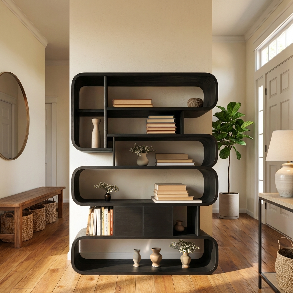 Statement Natural Wood Bookshelf With Rounded Form For Home Kitchnce