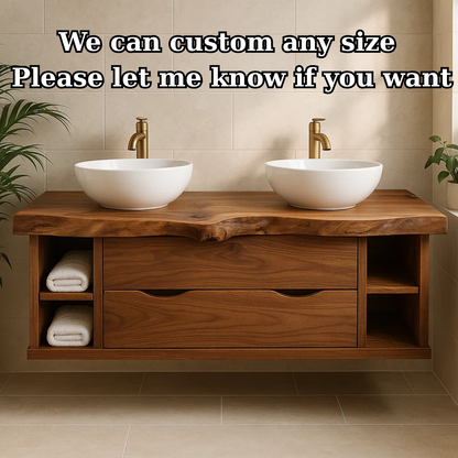 Handcrafted Solid Wood Live-Edge Double Vanity - Rustic Floating Console with Storage Kitchnce