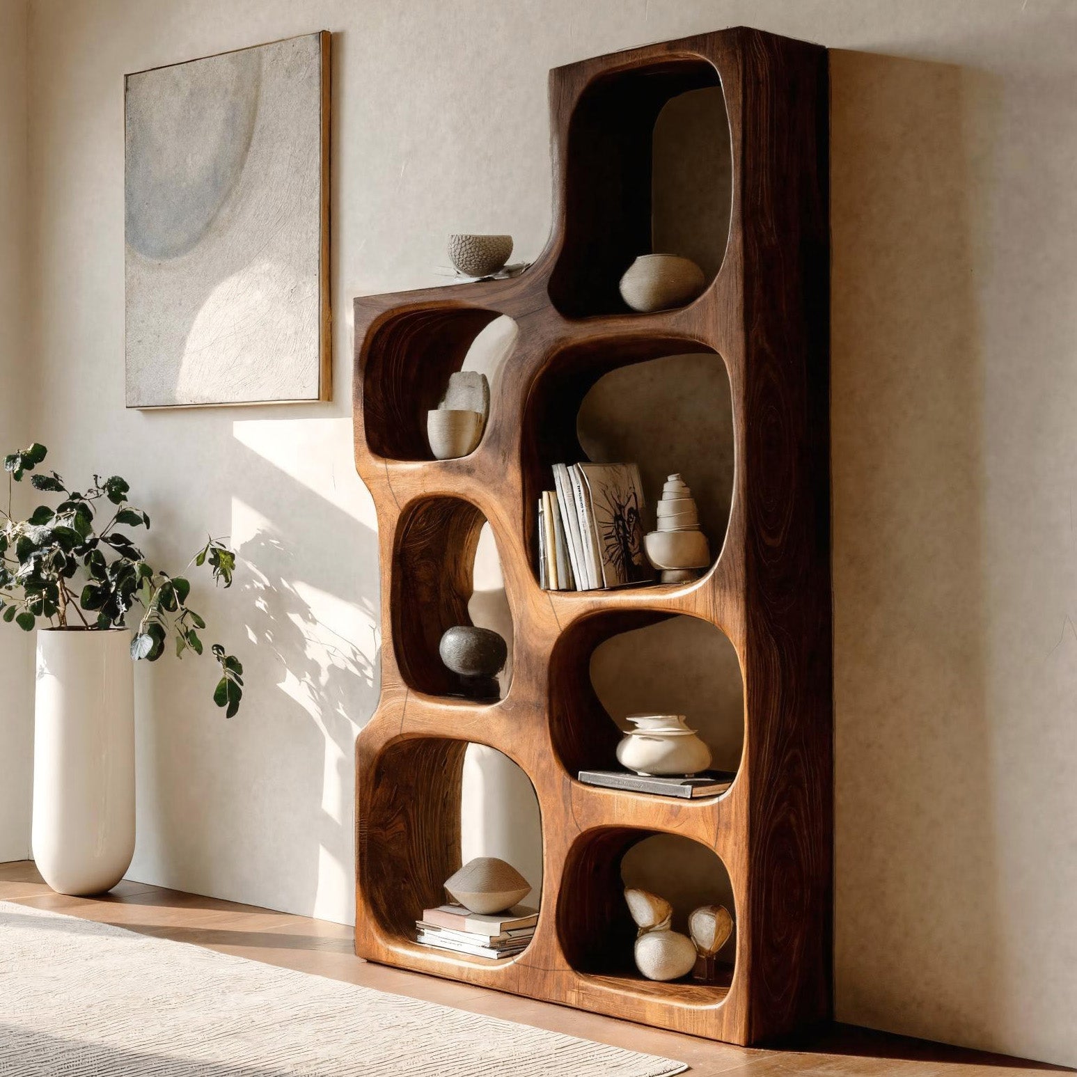 Organic Sculptural Wooden Bookshelf For Modern Living Room Kitchnce