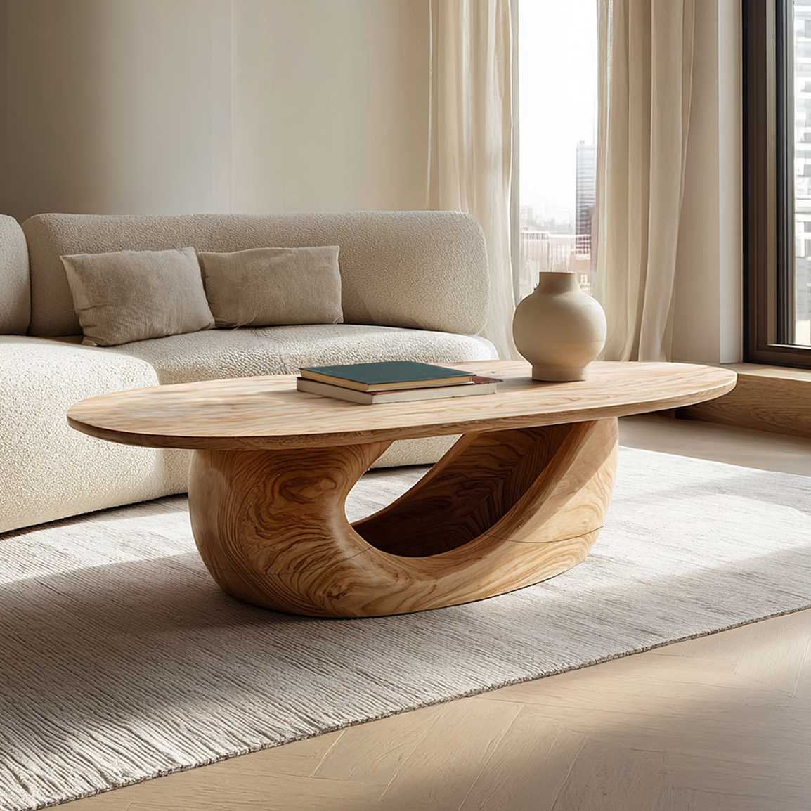 Sculptural Oval Coffee Table with Curved Base in Natural Wood