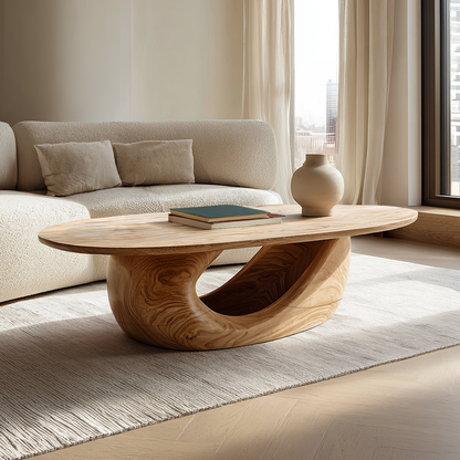 Sculptural Oval Coffee Table with Curved Base in Natural Wood