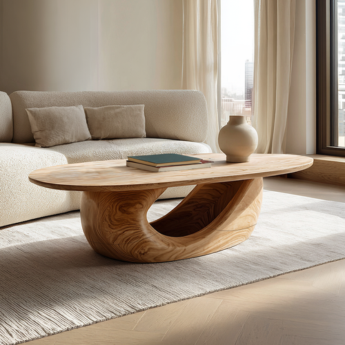 Sculptural Oval Coffee Table with Curved Base in Natural Wood