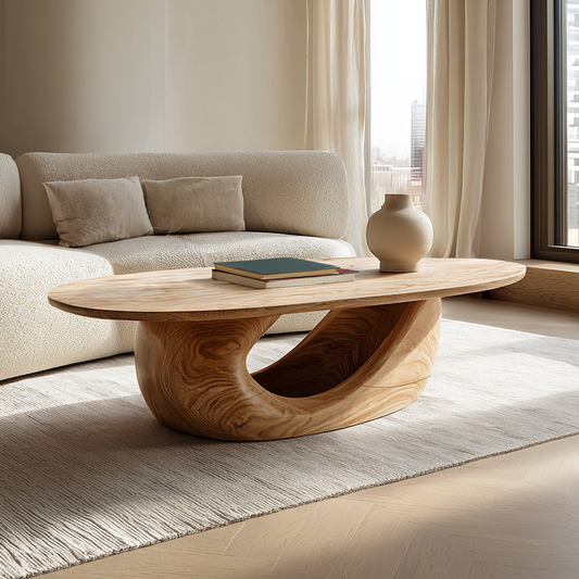 Sculptural Oval Coffee Table with Curved Base in Natural Wood