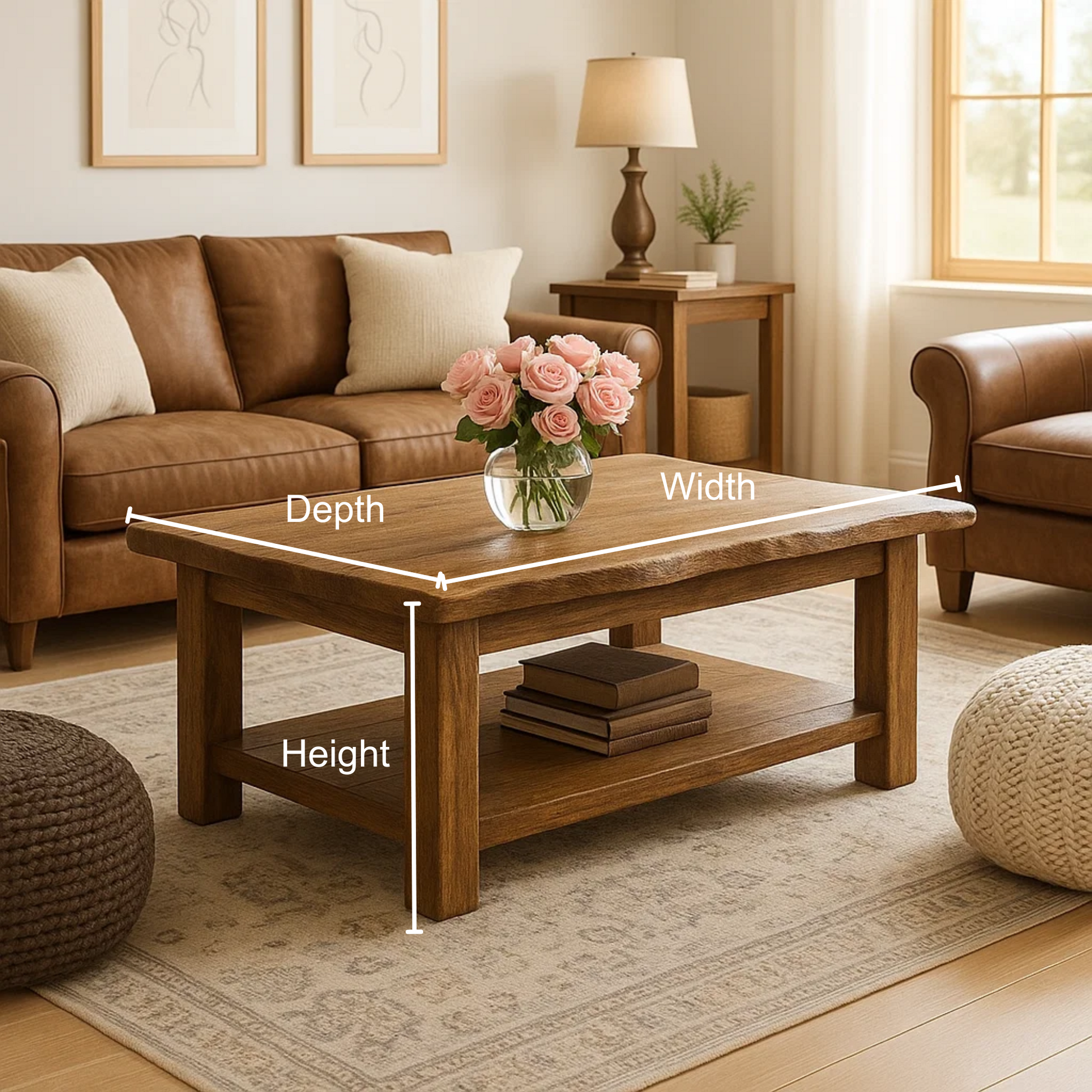 Handcrafted Solid Wood Coffee Table with Natural Live Edge – Rustic Farmhouse Center Table with Bottom Shelf for Cozy Living Rooms Kitchnce