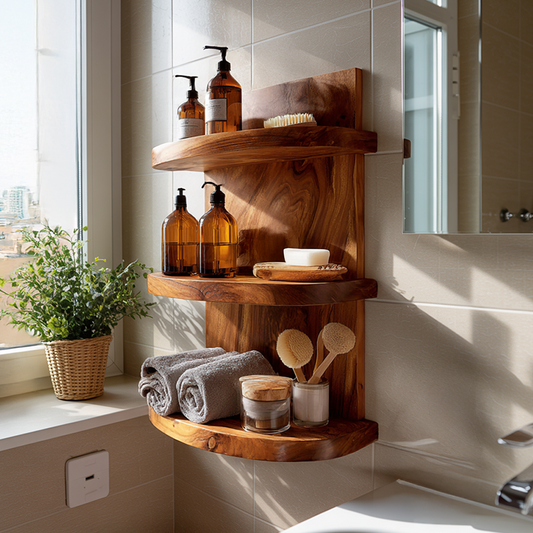 Sculptural Bathroom Shelf with Rounded Storage Compartments and Rail