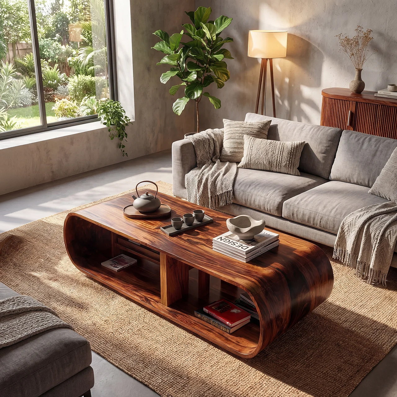 Curved Waterfall Coffee Table with Integrated Open Shelving
