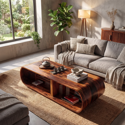 Curved Waterfall Coffee Table with Integrated Open Shelving