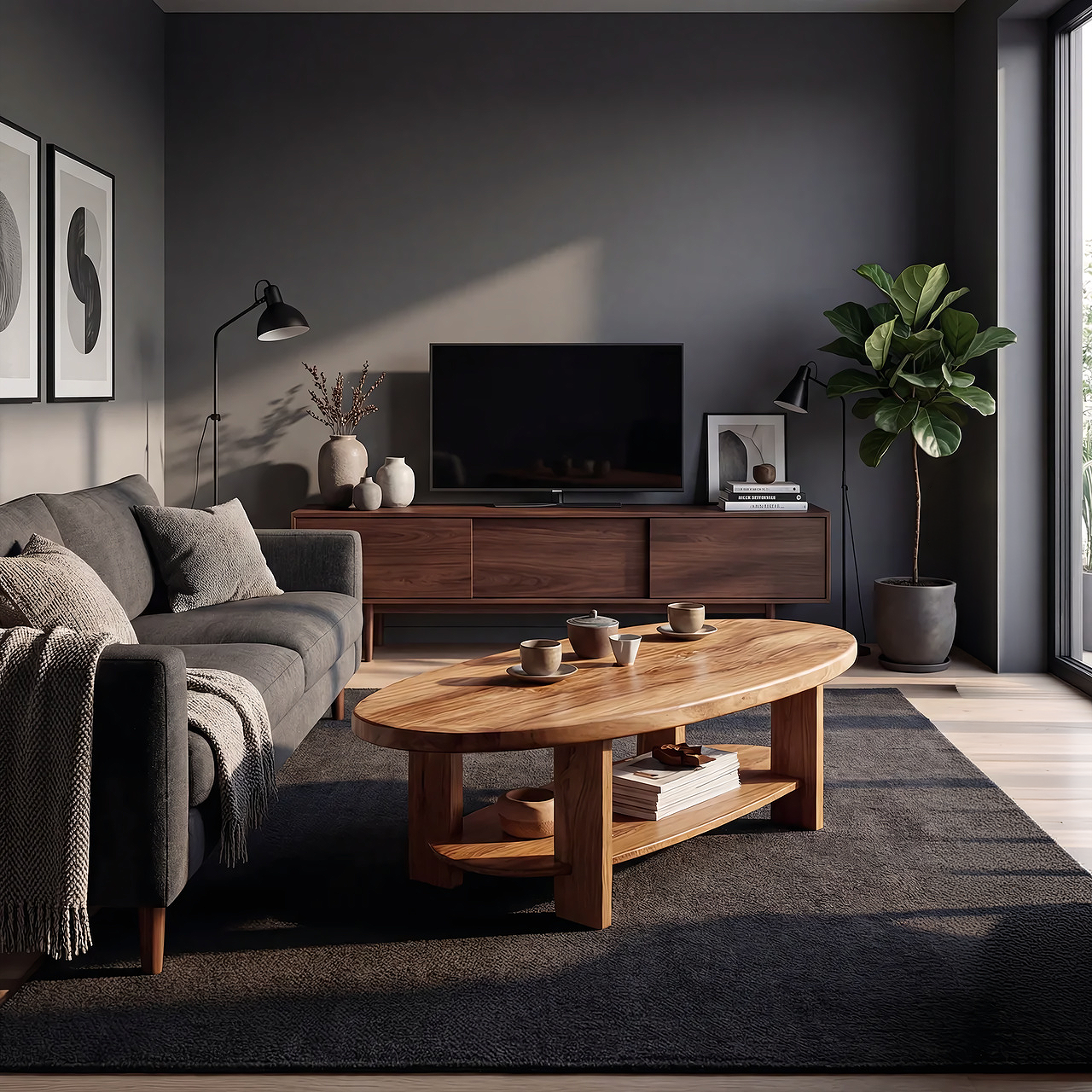 Oval Solid Wood Coffee Table with Open Shelf Storage