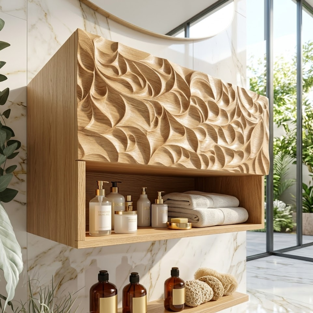 Solid Wood Floating Bathroom Cabinet, Modern Wall Mounted Carved Vanity Storage Shelf