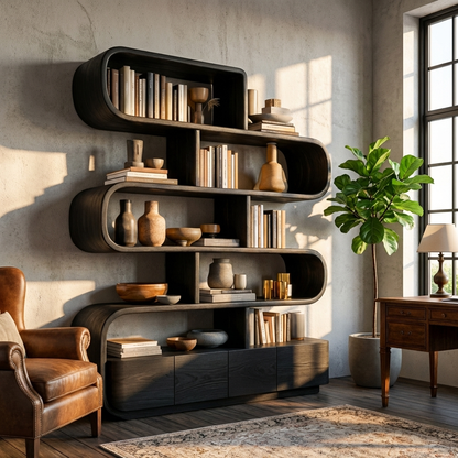 Organic Wooden Bookshelf With Flowing Form For Home Interior Kitchnce