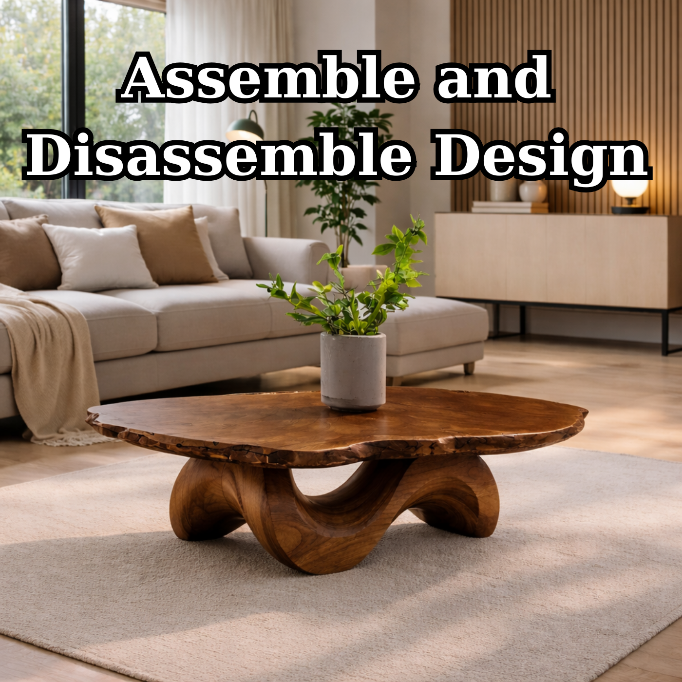 Live Edge Solid Wood Coffee Table with Sculptural Curved Base
