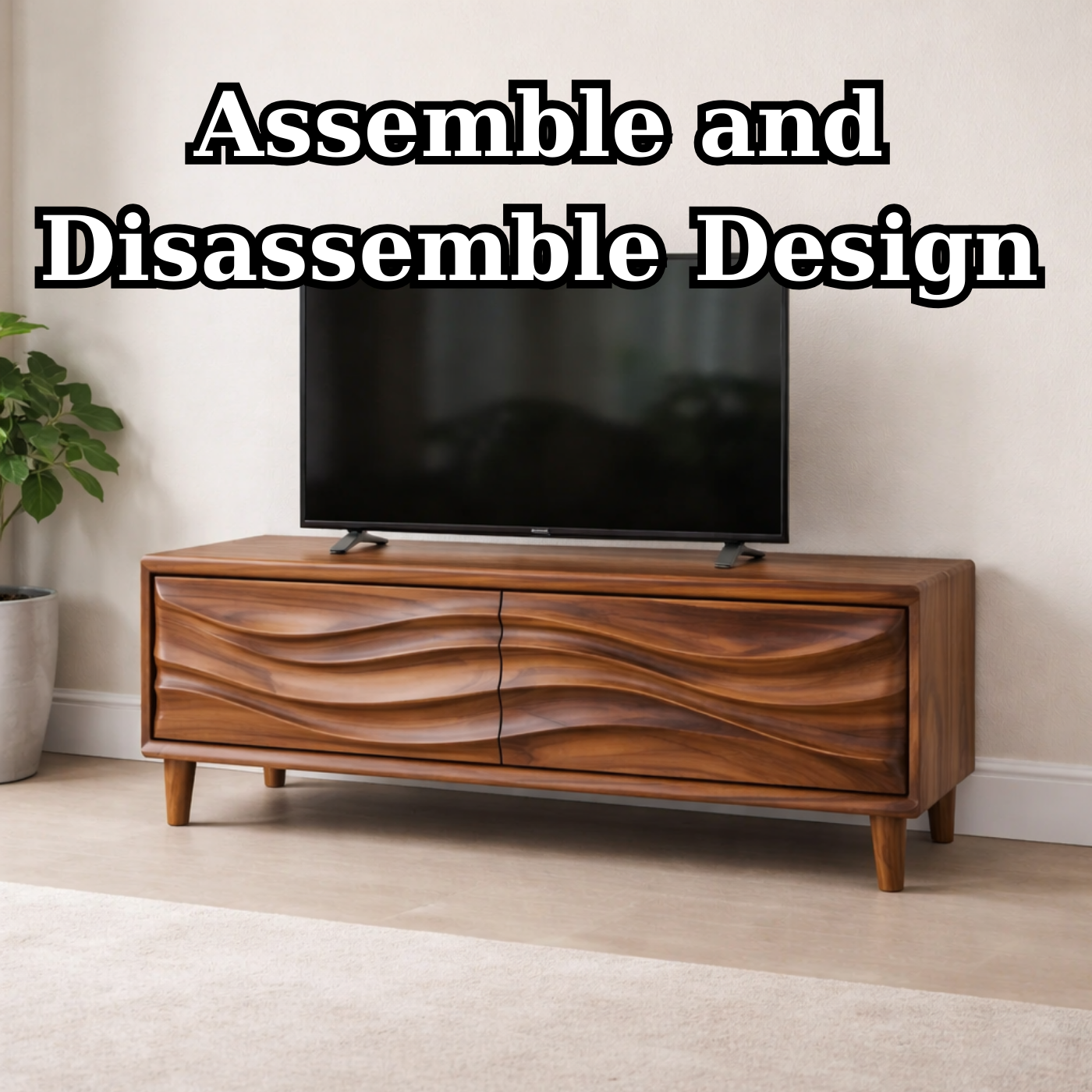 Solid Wood TV Stand for Modern Living Room with Wave Textured Front