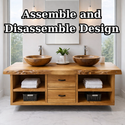 Floating Solid Wood Bathroom Vanity Cabinet with Drawers and Open Shelves