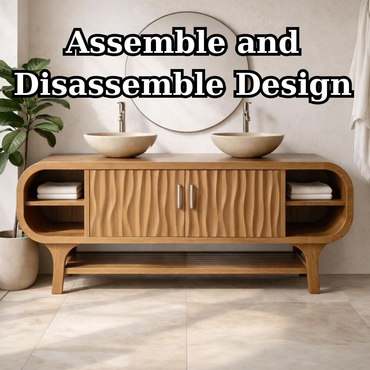 Solid Wood Bathroom Vanity Cabinet with Wave Texture Doors and Open Shelves