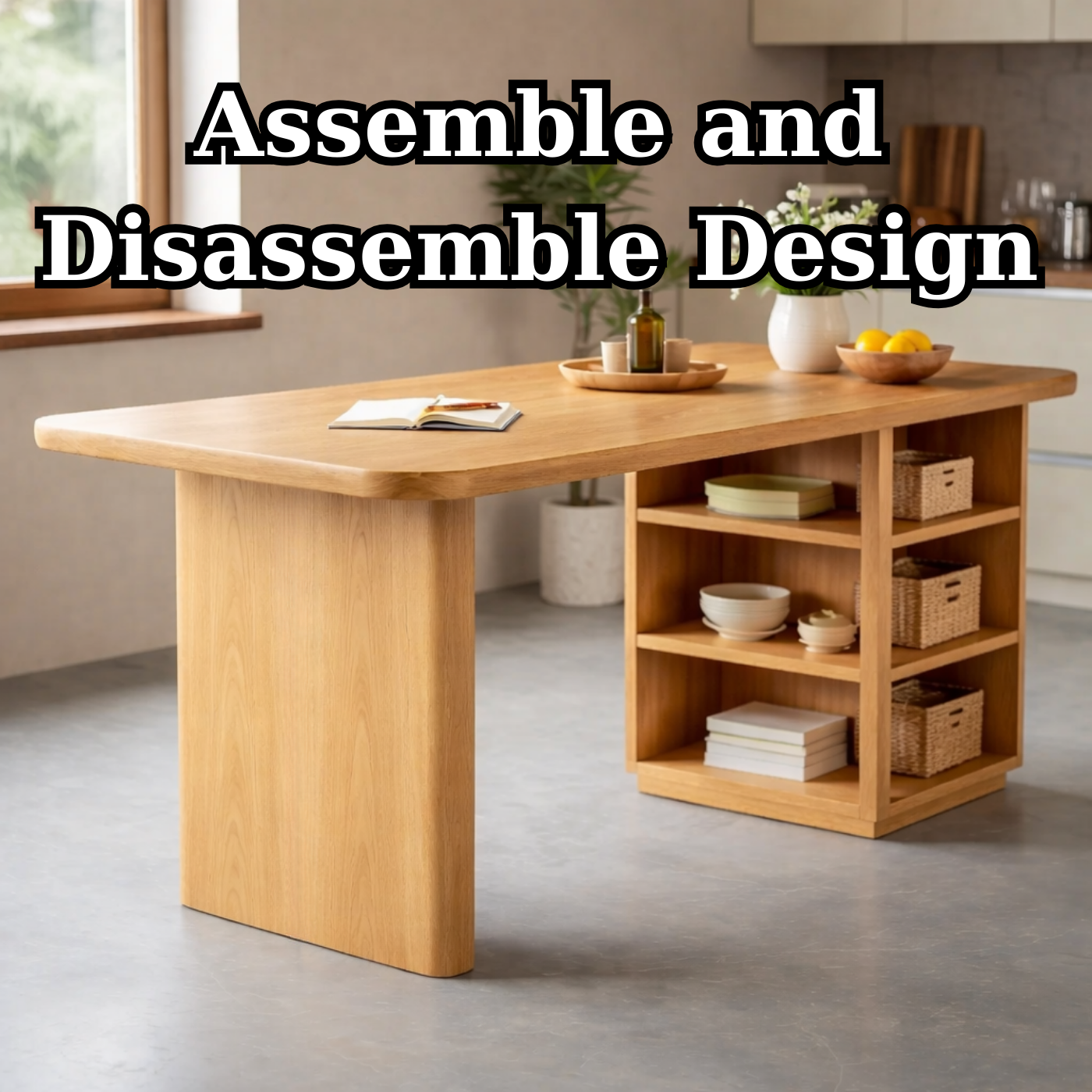 Modern Solid Wood Kitchen Island with Integrated Storage Shelves