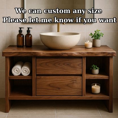 Handcrafted Solid Wood Single Vanity - Rustic Walnut Live Edge Bathroom Console Kitchnce