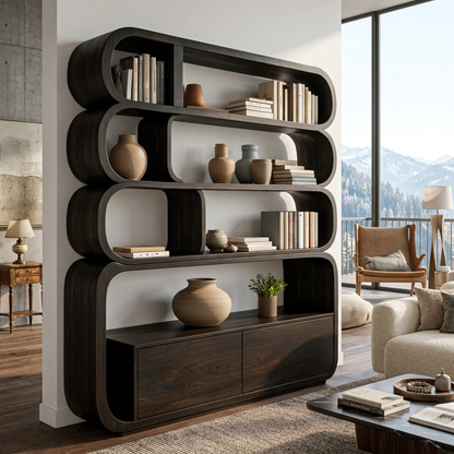 Modern Natural Wood Bookshelf With Curved Structure For Living Room Kitchnce