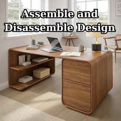 Modern L-Shaped Solid Wood Desk with Curved Silhouette and Integrated Storage