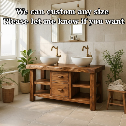 Handcrafted Solid Wood Floating Double Vanity - Live Edge Top, 2 Drawers & Open Shelves Kitchnce