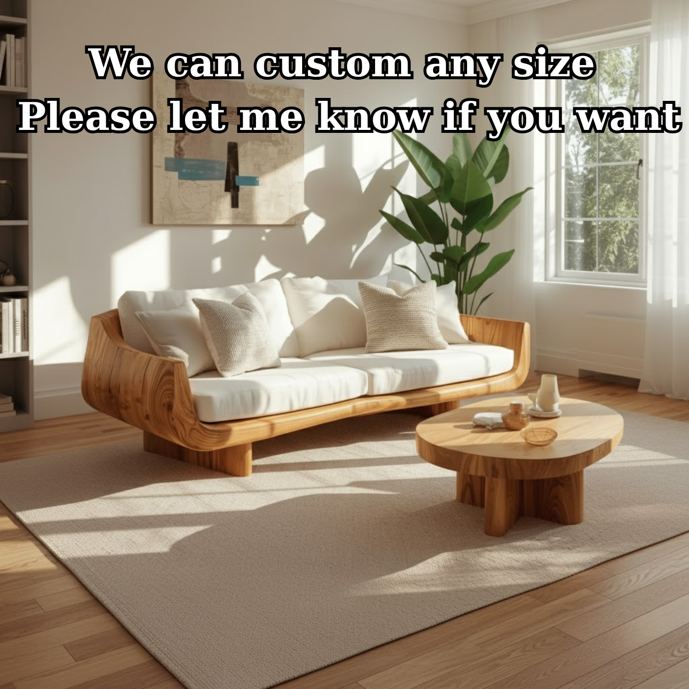 Handcrafted Solid Wood Sofa – Modern Curved Frame with Linen Cushions and Natural Finish Kitchnce
