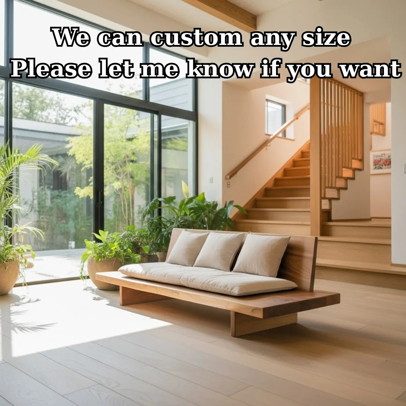 Low Profile Solid Wood Sofa Japandi Style Wooden Couch Minimalist Living Room Sofa Kitchnce