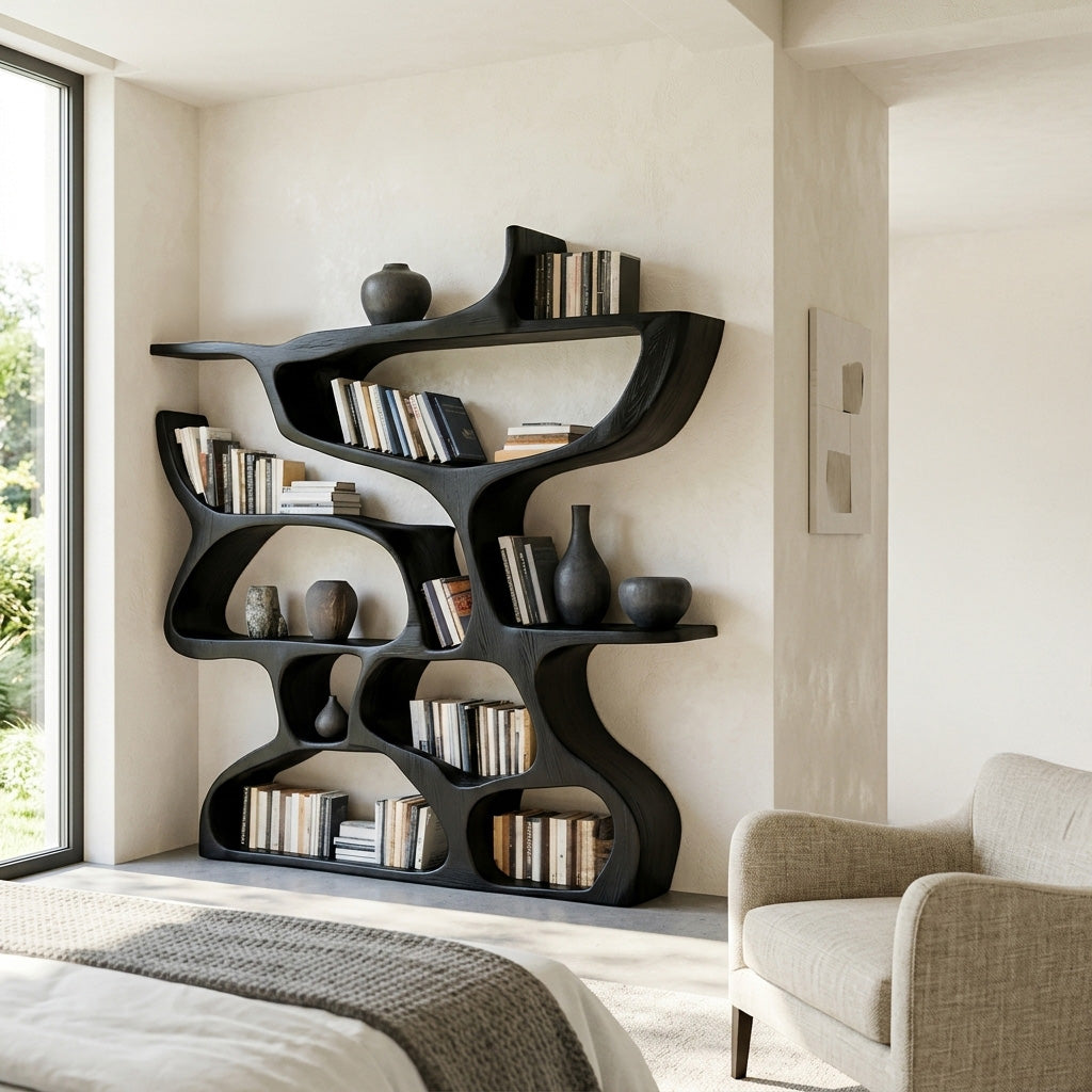 Modern Bookshelf With Organic Carved Design For Living Room Or Office Kitchnce
