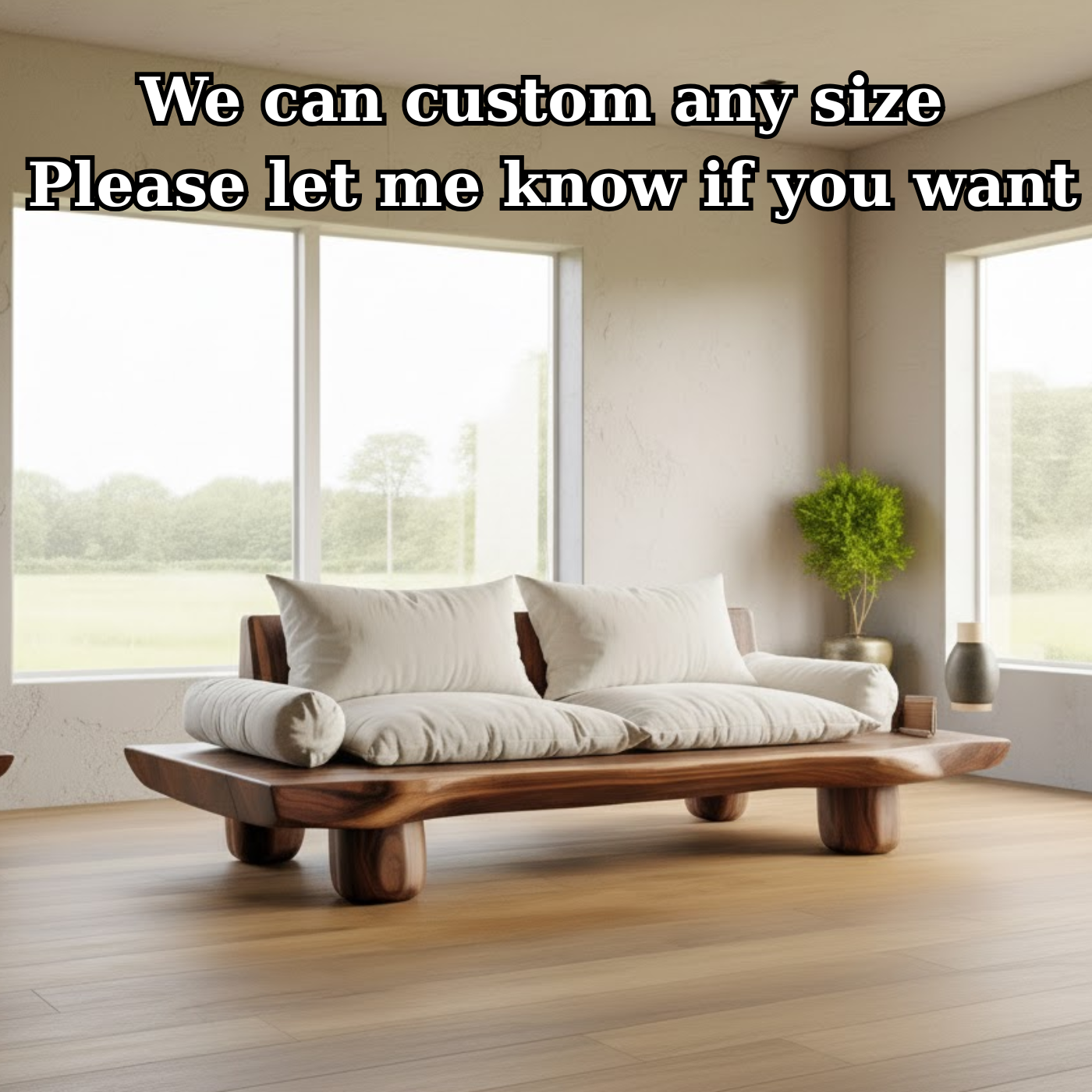 Handcrafted Solid Walnut Sofa – Low Organic Wood Couch with Linen Cushions and Rounded Legs Kitchnce