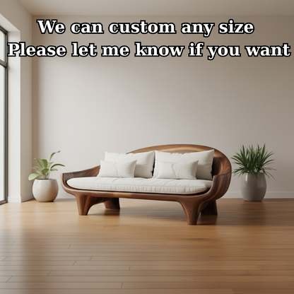Handcrafted Solid Wood Sofa – Modern Organic Wood Couch with Smooth Curves and Linen Cushions Kitchnce