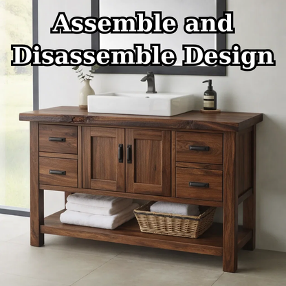 Solid Wood Bathroom Vanity with Drawers, Cabinet Doors & Open Shelf – Rustic Farmhouse Vanity
