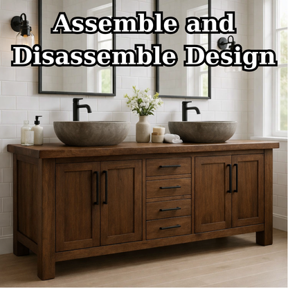 Solid Wood Double Bathroom Vanity Cabinet with Drawers & Doors – Rustic Farmhouse Vanity Base