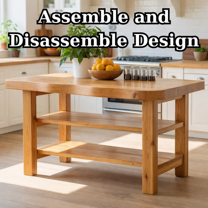 Solid Wood Kitchen Island Table with Double Storage Shelves – Farmhouse Prep & Storage Table