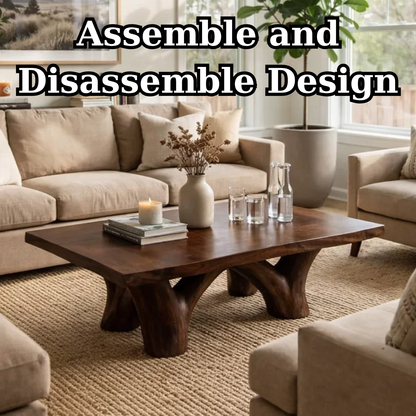 Solid Wood Rustic Coffee Table with Sculpted Base – Live Edge Living Room Coffee Table