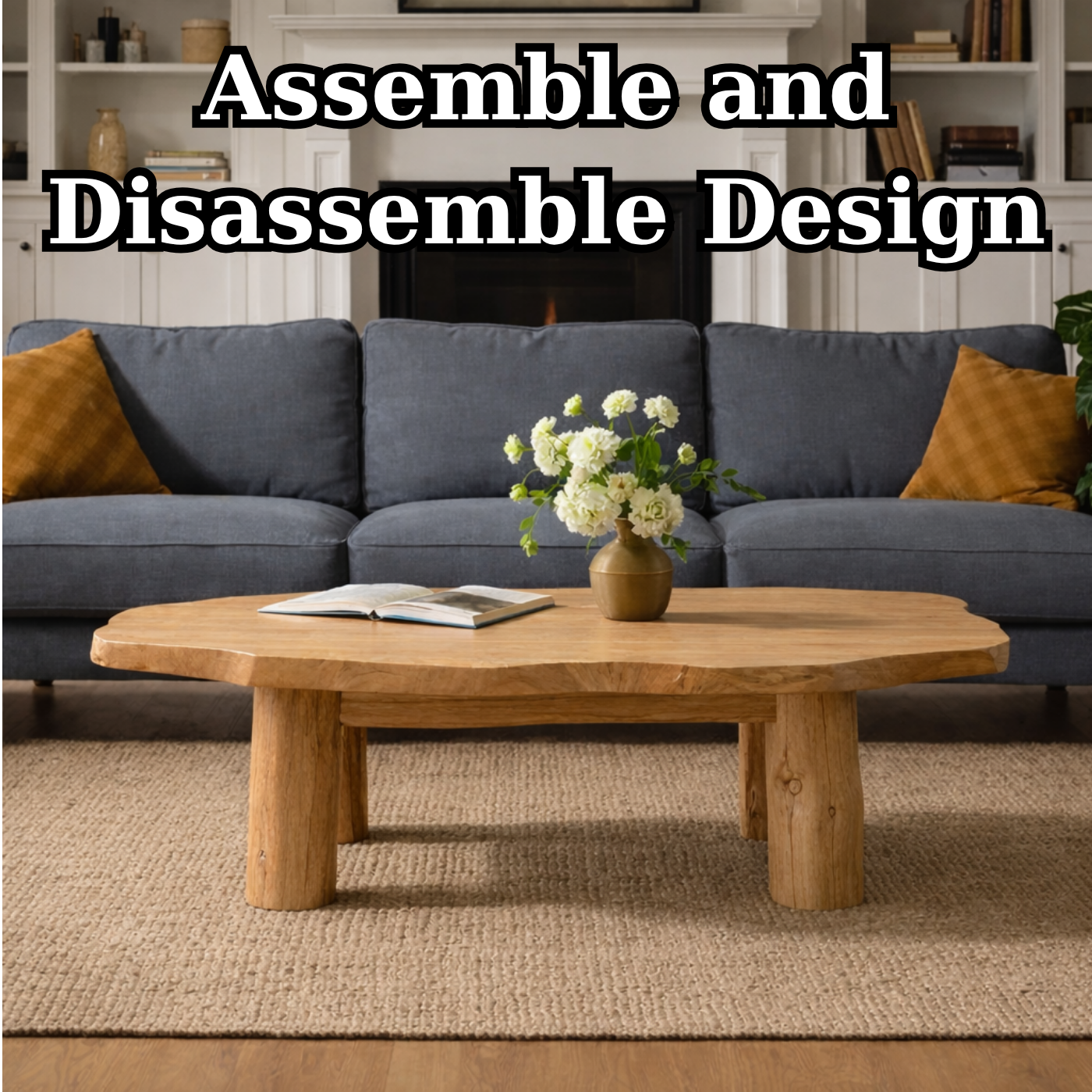 Solid Wood Round Coffee Table with Chunky Legs – Rustic Natural Wood Living Room Table