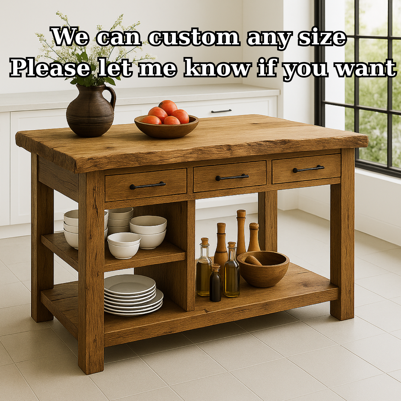 Handcrafted Solid Wood Kitchen Island - Live-Edge Top, 3 Drawers & Shelves Kitchnce