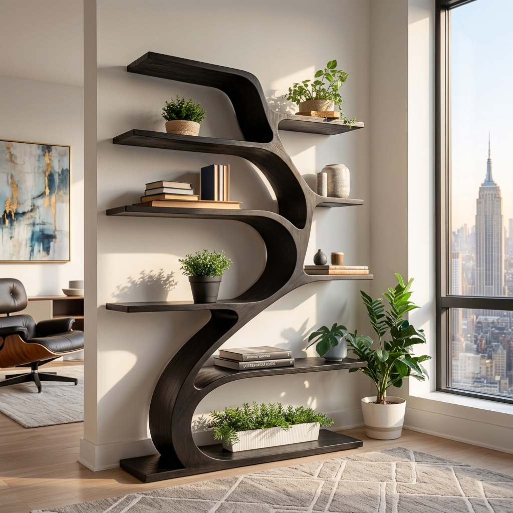 Minimal Natural Wood Bookshelf Branch Design For Interior Space Kitchnce