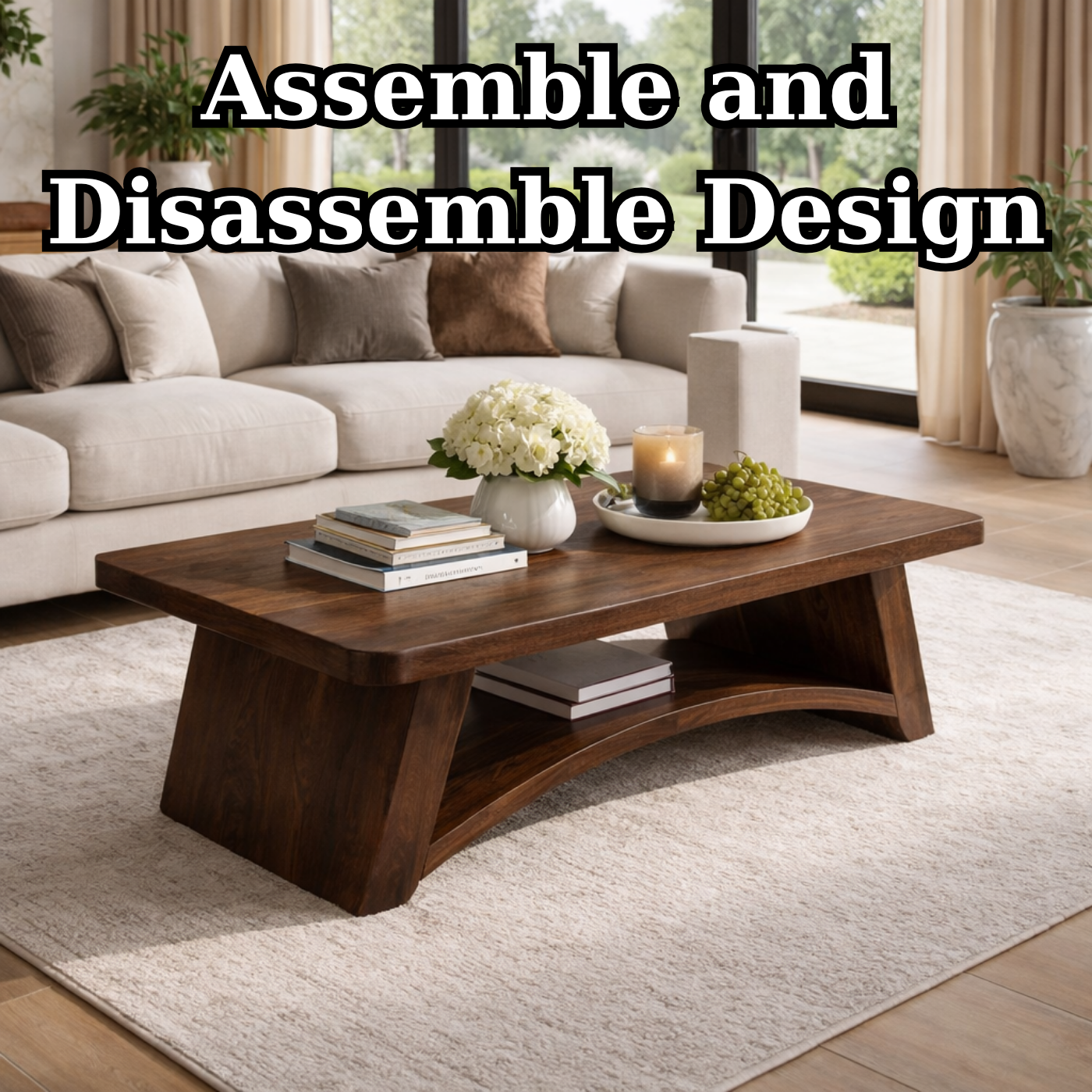 Solid Wood Coffee Table with Sculpted Base and Open Shelf – Rustic Modern Living Room Table