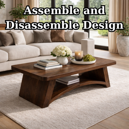 Solid Wood Coffee Table with Sculpted Base and Open Shelf – Rustic Modern Living Room Table