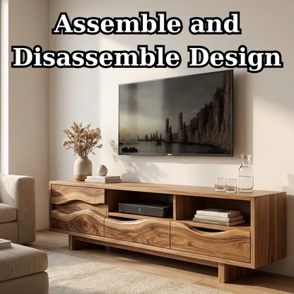 Solid Wood TV Stand with Wave Carved Drawers – Modern Rustic Media Console